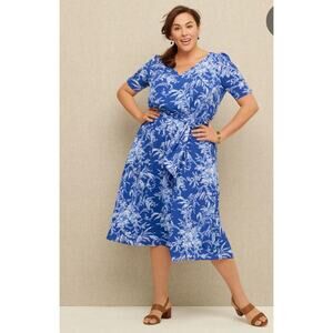 Talbots Womens Floral Midi Dress Size 18W Blue Belted Fit Flare Cottage Boho